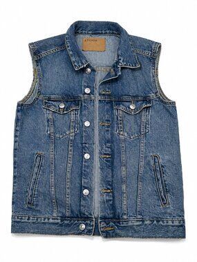 Vintage Denim Trucker Vest Blue Jean Western Biker Cowboy Layered Jacket Mens M